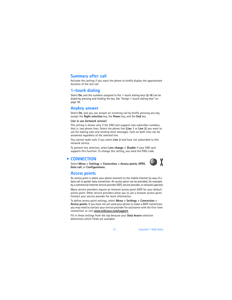 Connection, Line in use (network service) ” on, Summary after call | Touch dialing, Anykey answer, Access points | Nokia 6670 User Manual | Page 73 / 321