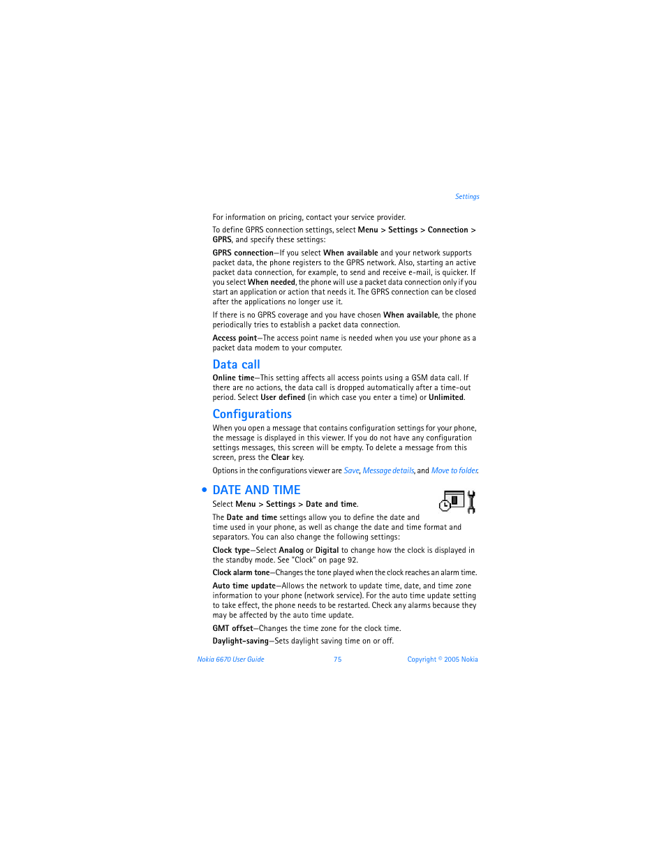Date and time, Data call, Configurations | Nokia 6670 User Manual | Page 76 / 321