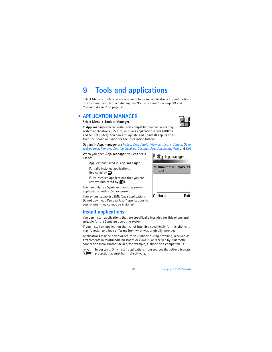 9 tools and applications, Application manager, Tools and applications | 9tools and applications, Install applications | Nokia 6670 User Manual | Page 81 / 321