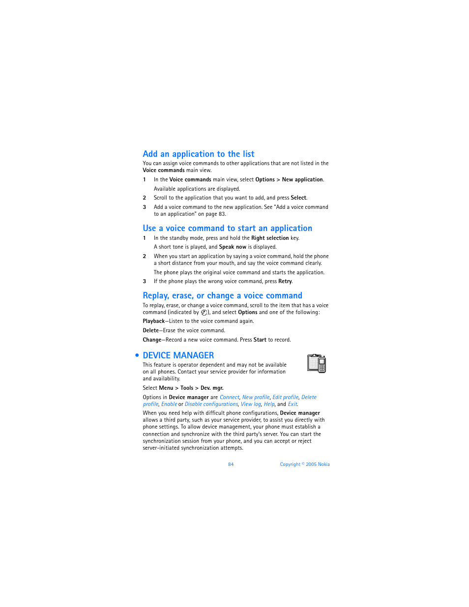 Device manager, Add an application to the list, Use a voice command to start an application | Replay, erase, or change a voice command | Nokia 6670 User Manual | Page 85 / 321