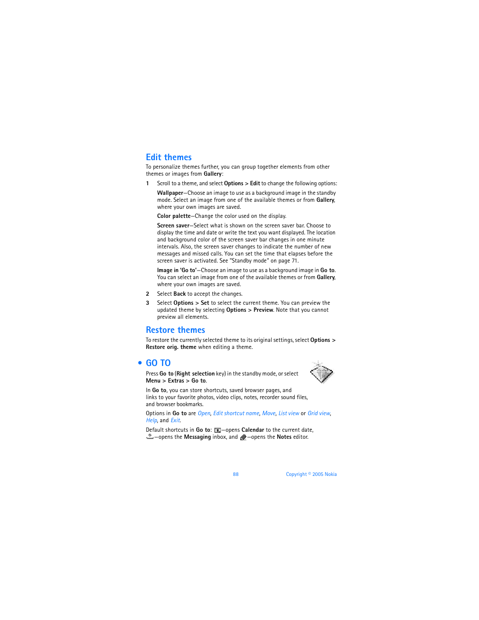 Go to, Edit themes, Restore themes | Nokia 6670 User Manual | Page 89 / 321