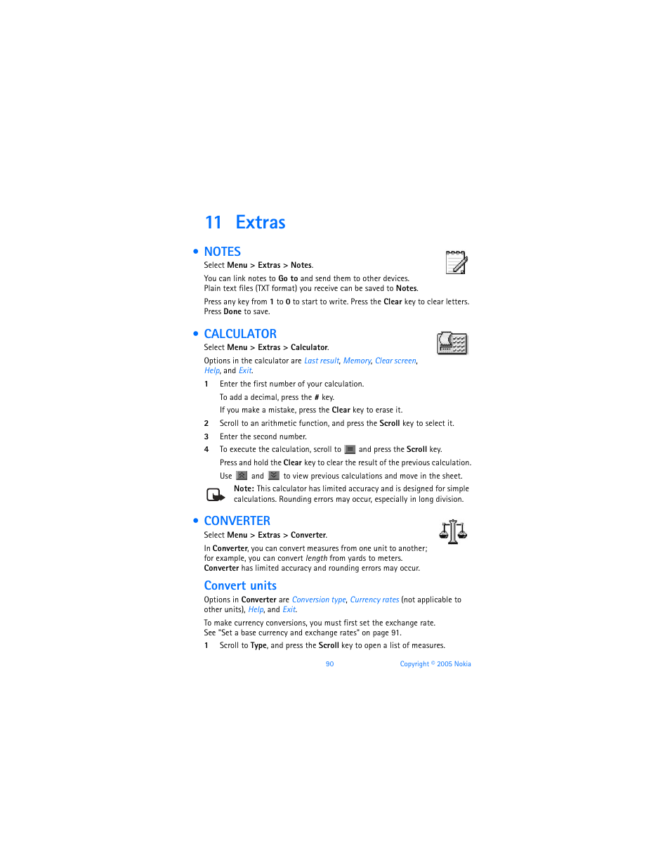 11 extras, Notes, Calculator | Converter, Convert units | Nokia 6670 User Manual | Page 91 / 321