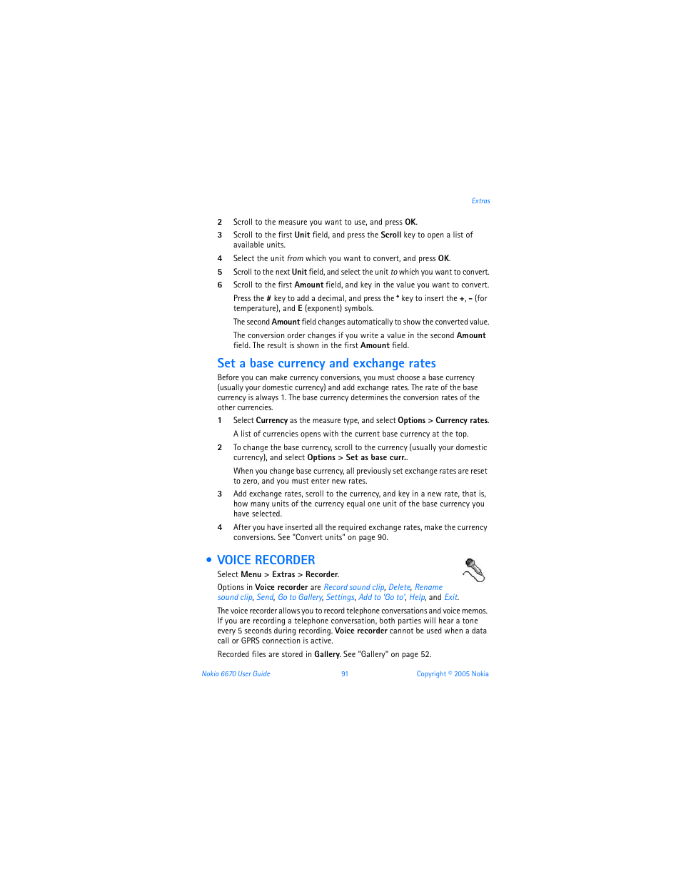Voice recorder, Set a base currency and exchange rates | Nokia 6670 User Manual | Page 92 / 321