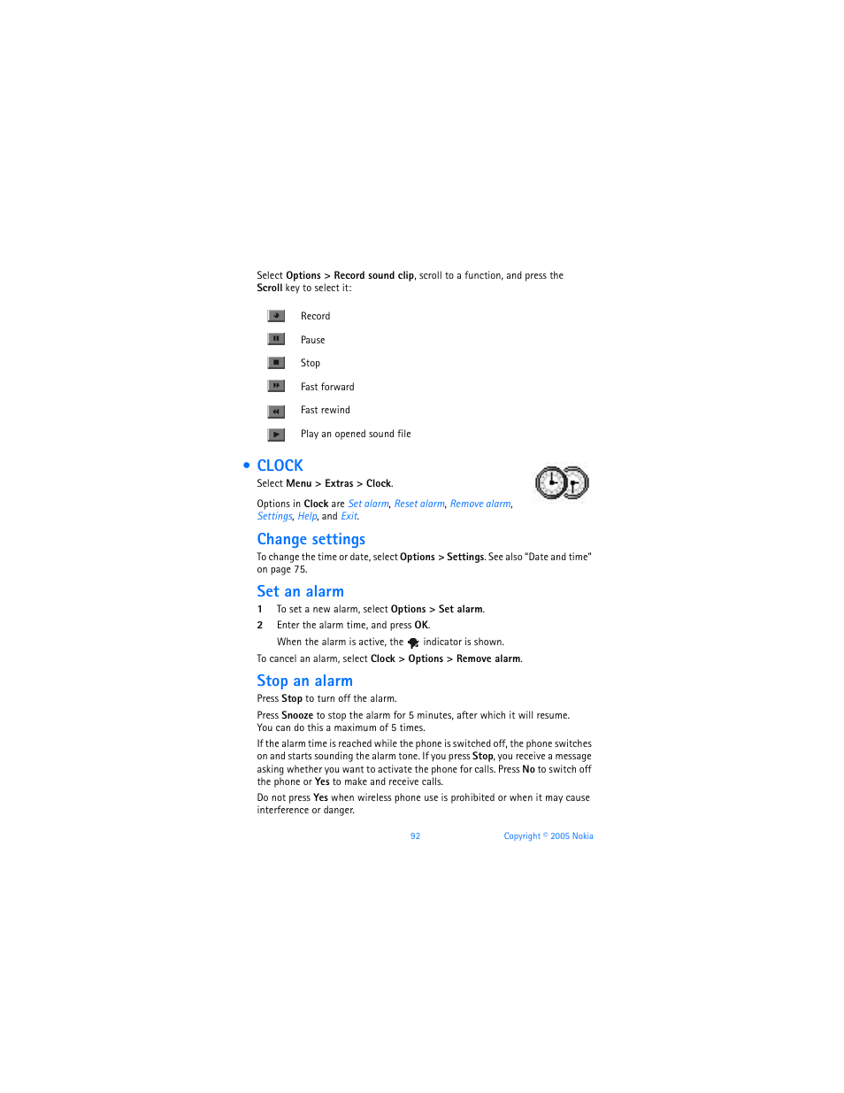 Clock, Change settings, Set an alarm | Stop an alarm | Nokia 6670 User Manual | Page 93 / 321