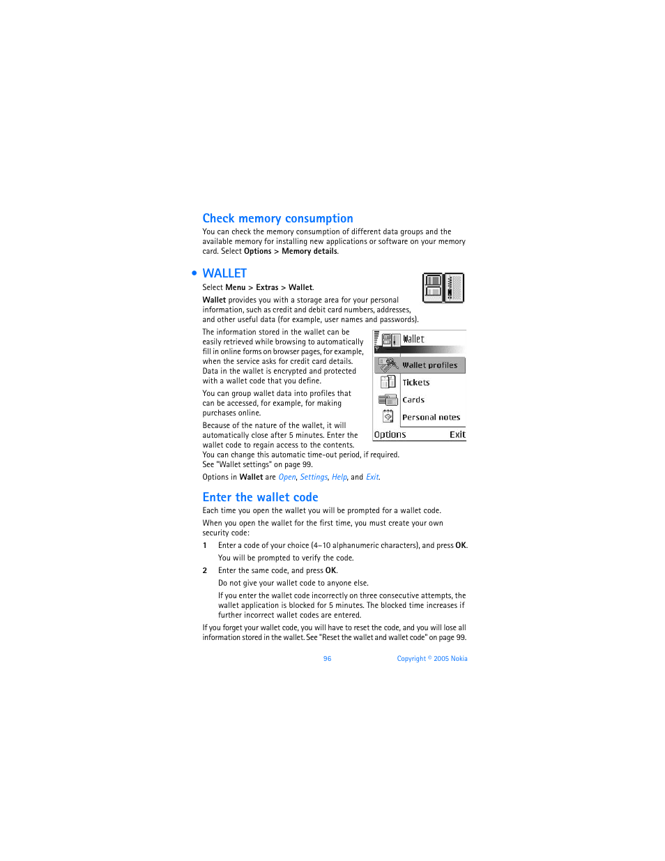 Wallet, Enter the wallet code | Nokia 6670 User Manual | Page 97 / 321