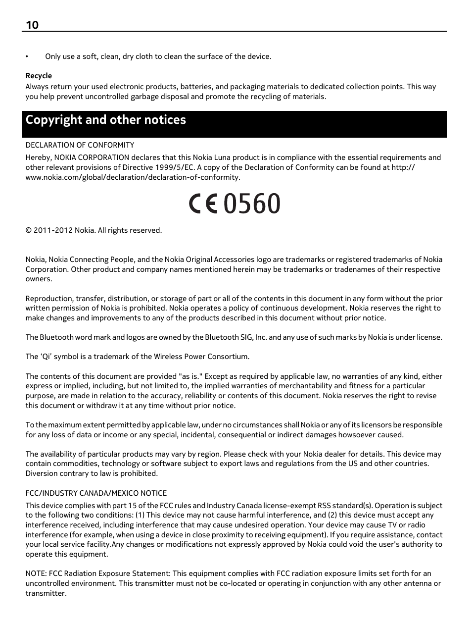 Recycle, Copyright and other notices | Nokia Luna Bluetooth Headset User Manual | Page 10 / 11