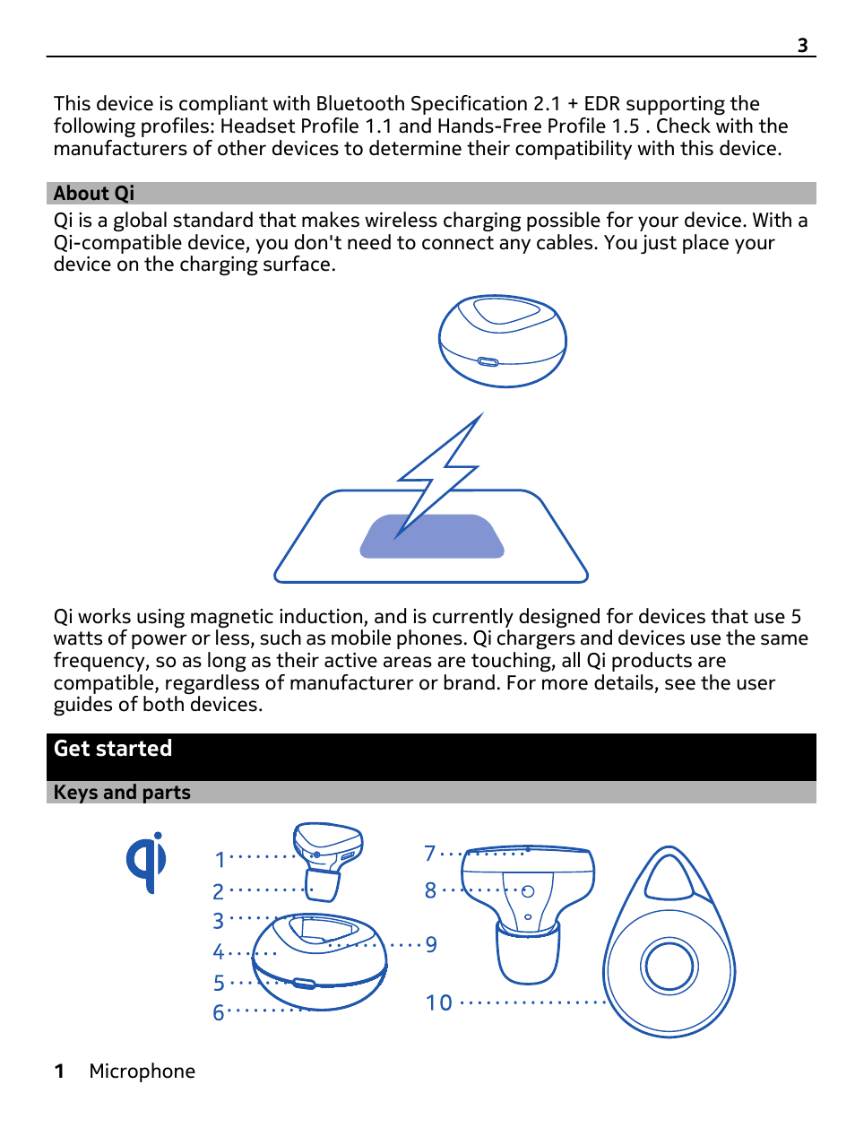 About qi, Get started, Keys and parts | Nokia Luna Bluetooth Headset User Manual | Page 3 / 11