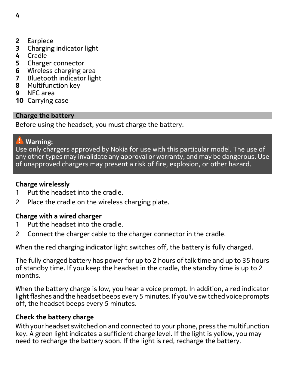 Charge the battery | Nokia Luna Bluetooth Headset User Manual | Page 4 / 11
