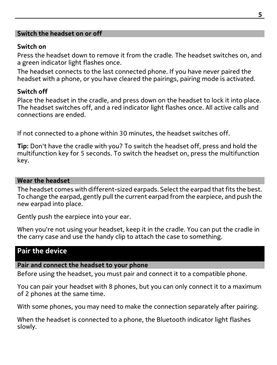 Switch the headset on or off, Wear the headset, Pair the device | Pair and connect the headset to your phone | Nokia Luna Bluetooth Headset User Manual | Page 5 / 11