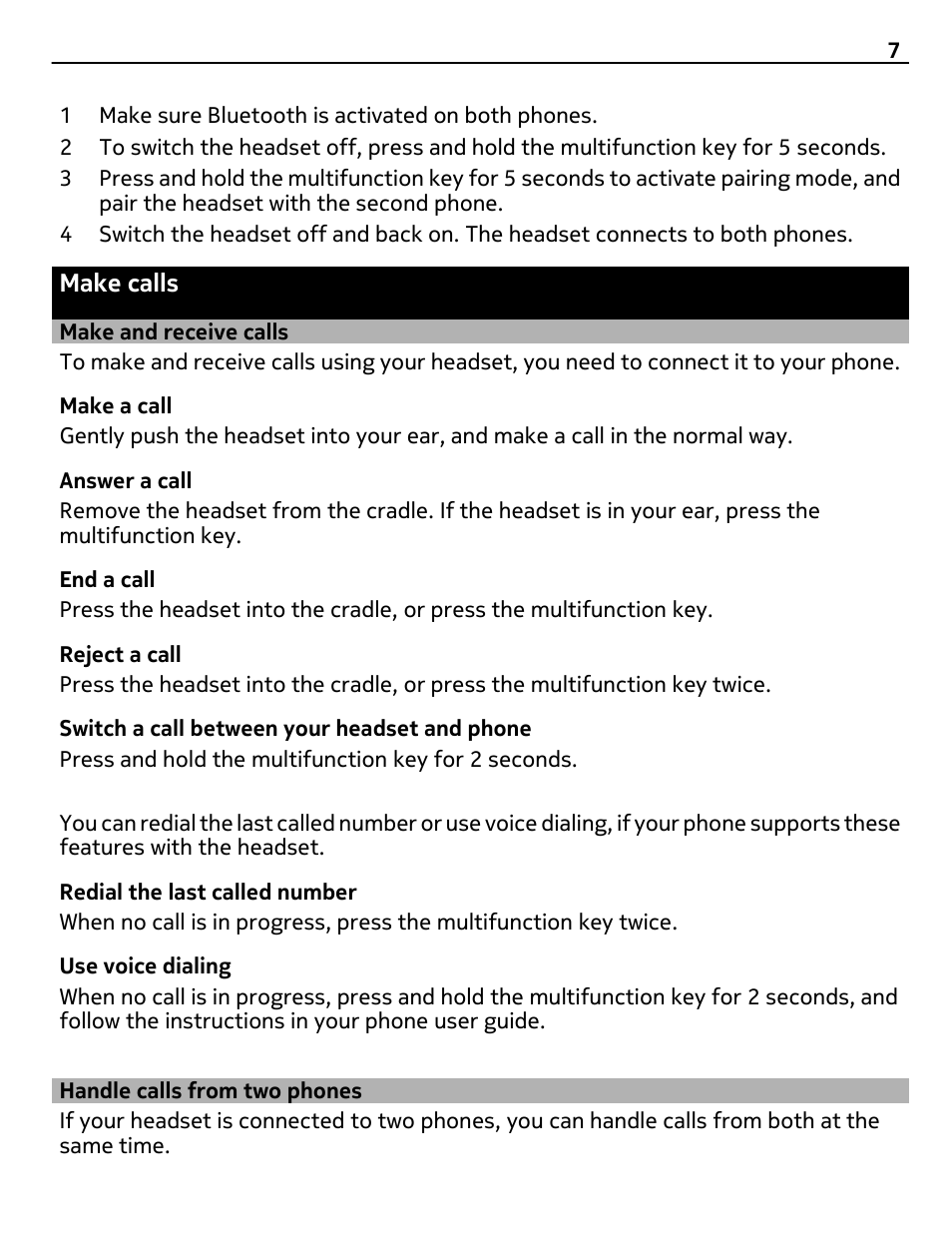 Make calls, Make and receive calls, Handle calls from two phones | Nokia Luna Bluetooth Headset User Manual | Page 7 / 11