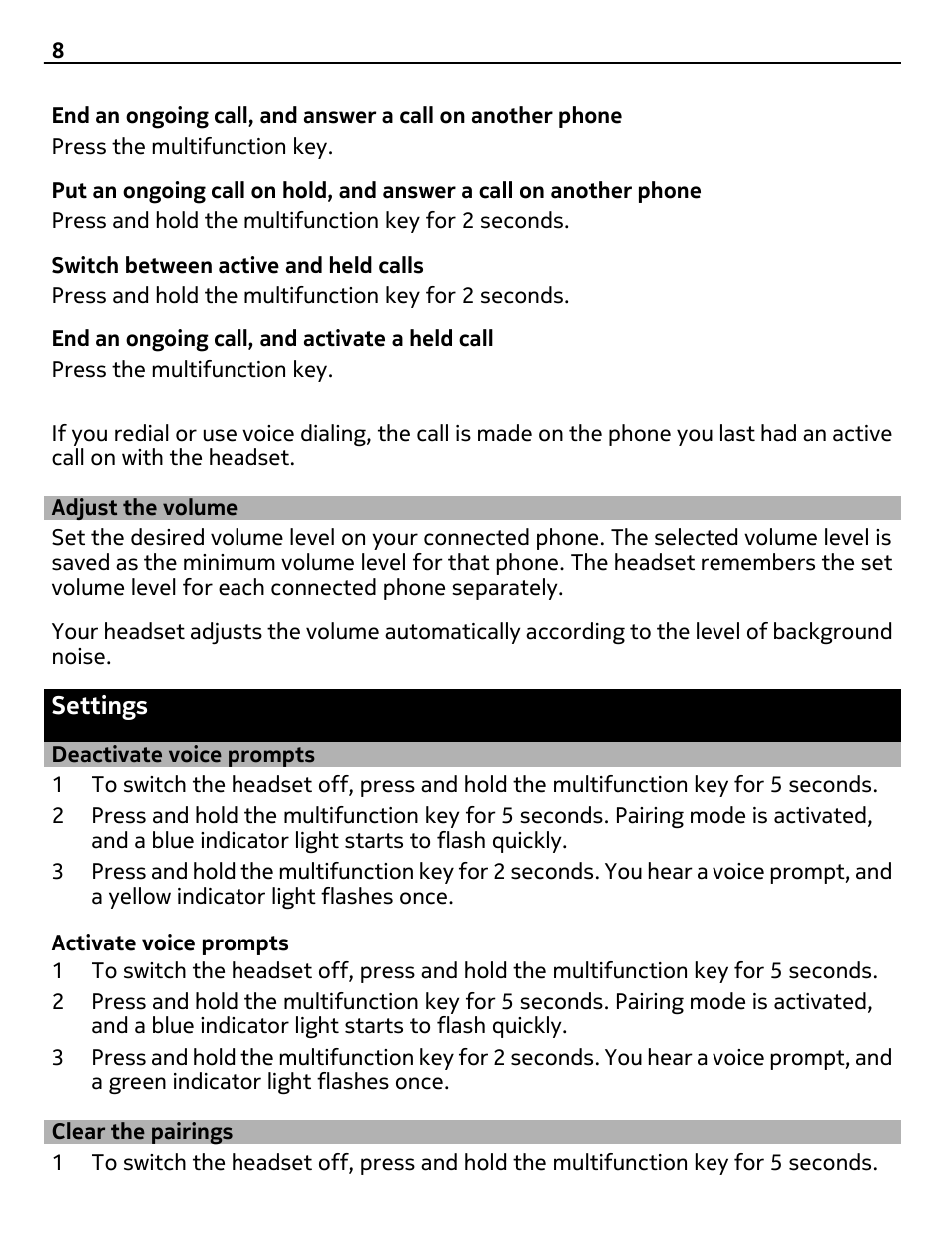 Adjust the volume, Settings, Deactivate voice prompts | Clear the pairings | Nokia Luna Bluetooth Headset User Manual | Page 8 / 11