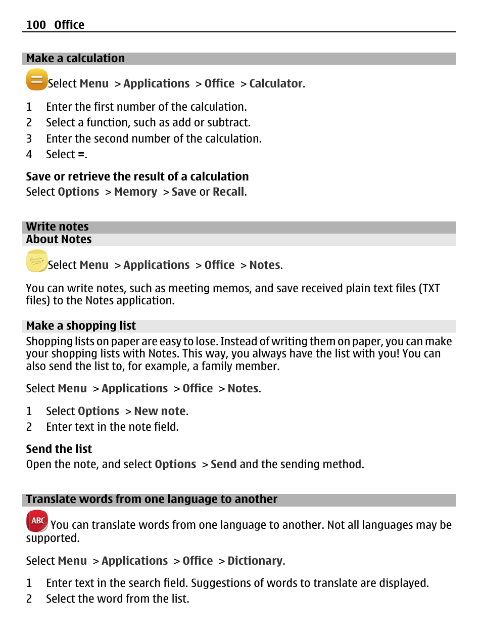 Make a calculation, Write notes, About notes | Make a shopping list, Translate words from one language to another, Translate words from one language to, Another | Nokia C6-01 User Manual | Page 100 / 132