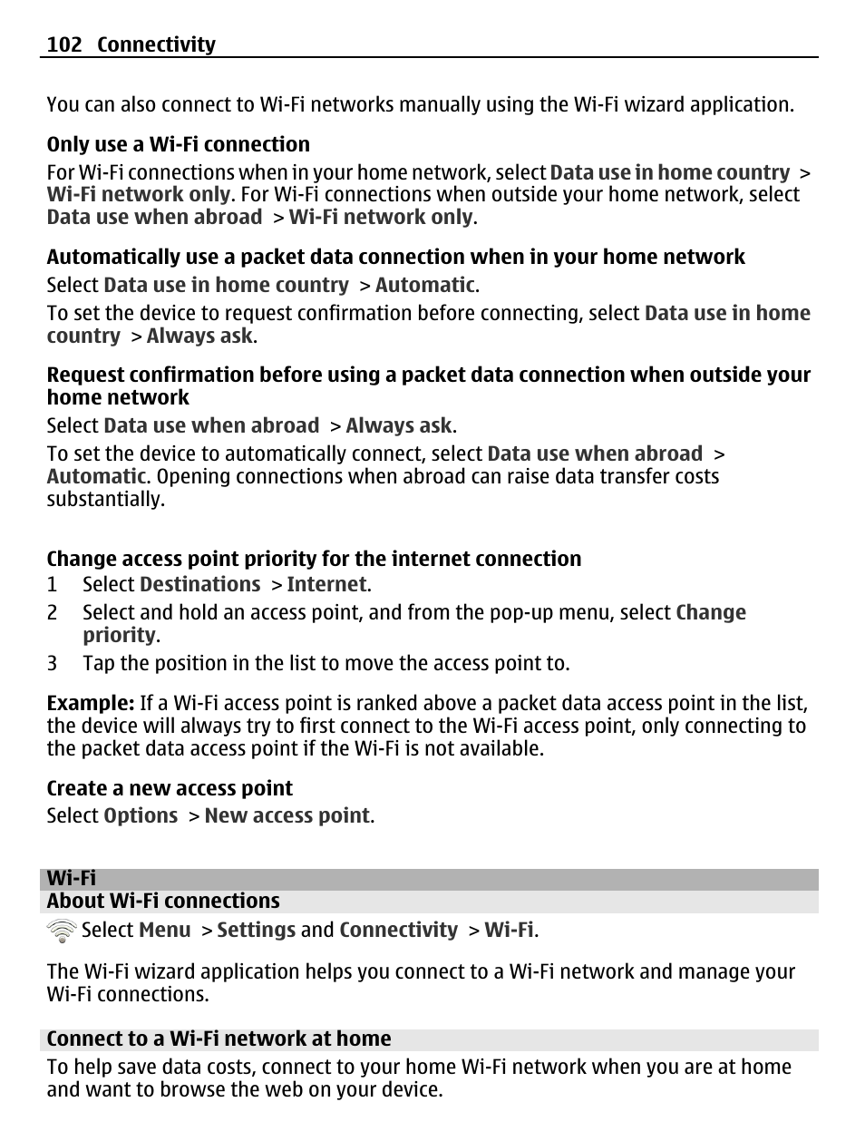 Wi-fi, About wi-fi connections, Connect to a wi-fi network at home | Nokia C6-01 User Manual | Page 102 / 132