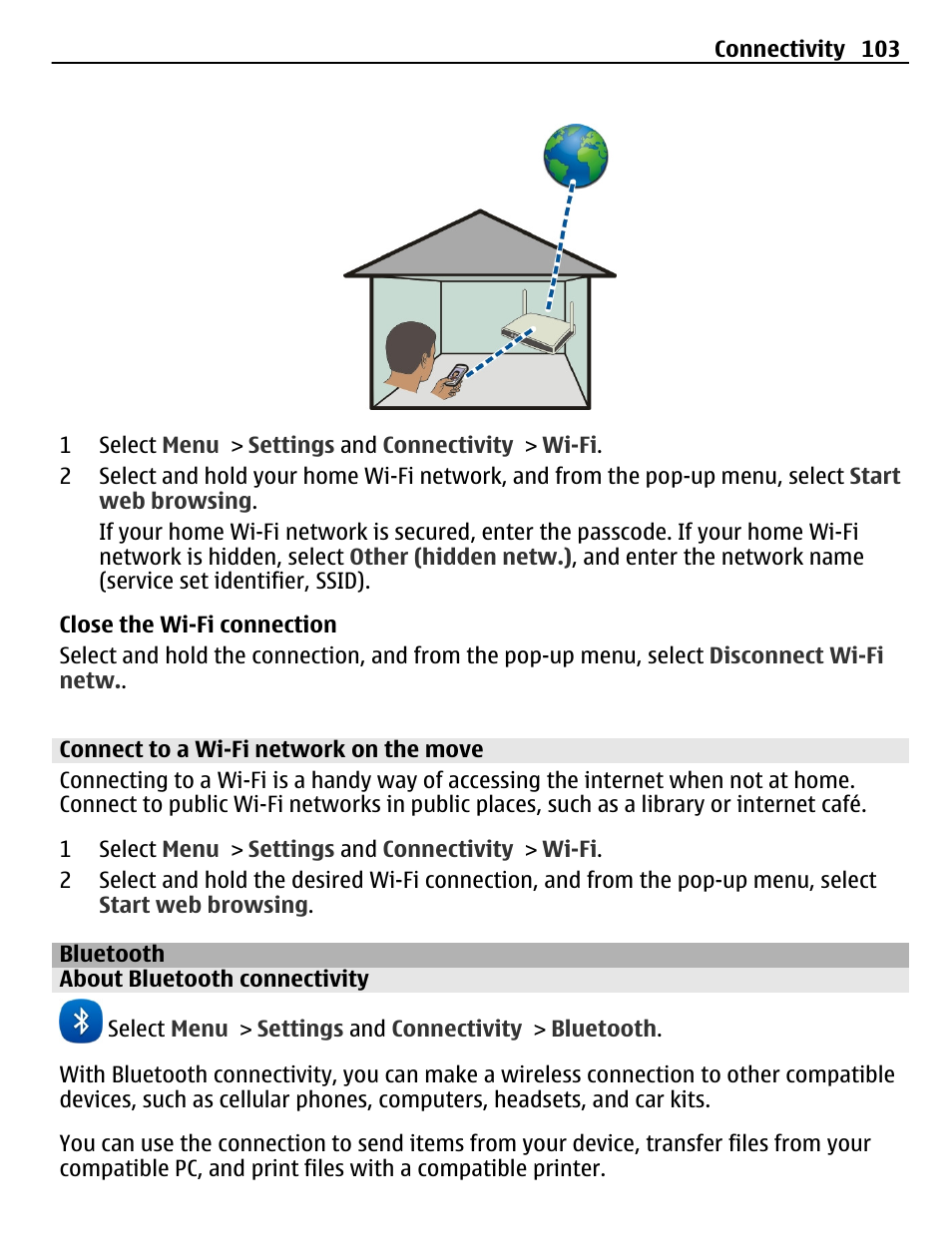 Connect to a wi-fi network on the move, Bluetooth, About bluetooth connectivity | Nokia C6-01 User Manual | Page 103 / 132