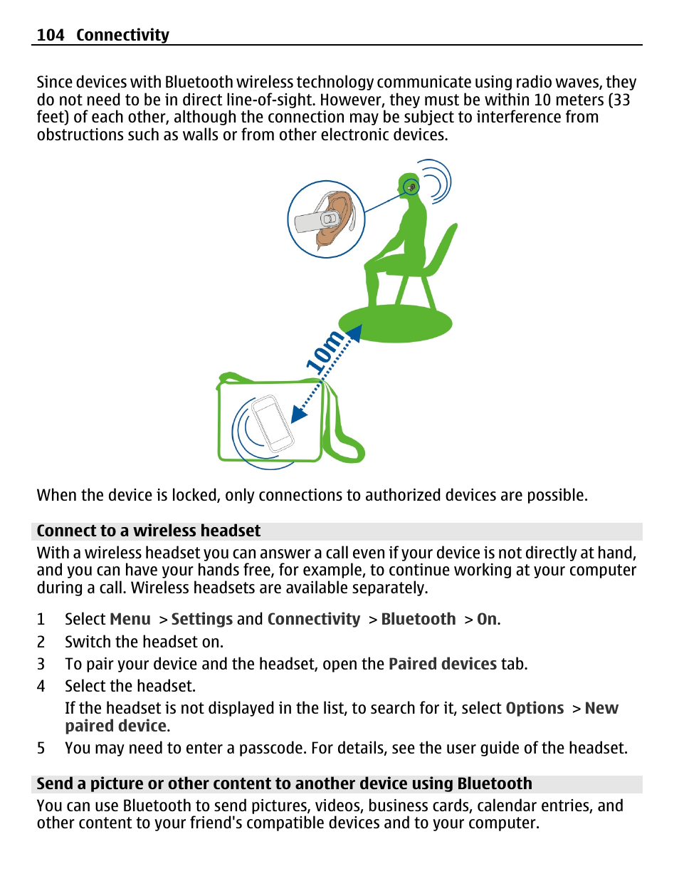 Connect to a wireless headset | Nokia C6-01 User Manual | Page 104 / 132