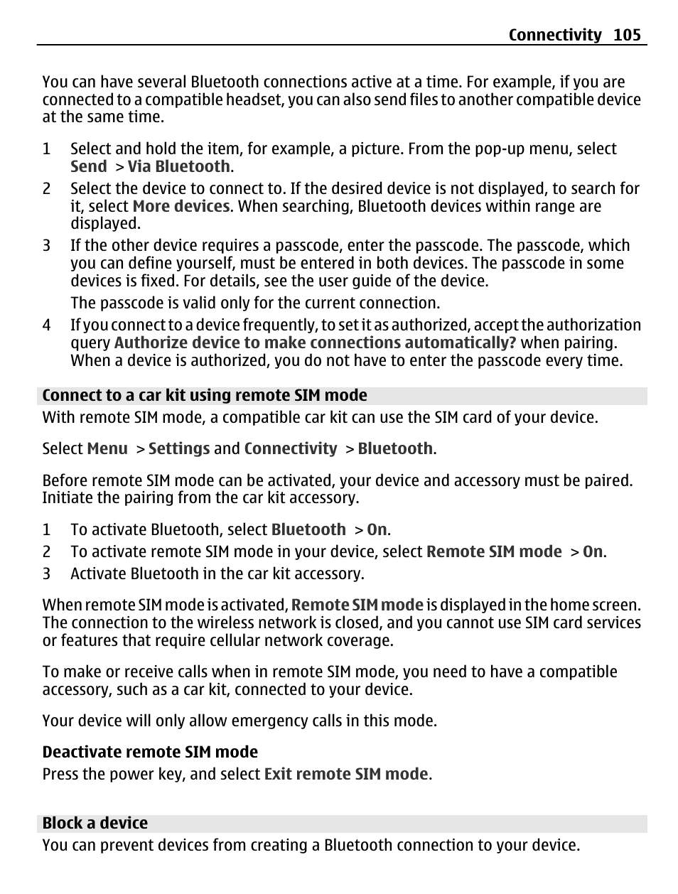 Connect to a car kit using remote sim mode, Block a device | Nokia C6-01 User Manual | Page 105 / 132