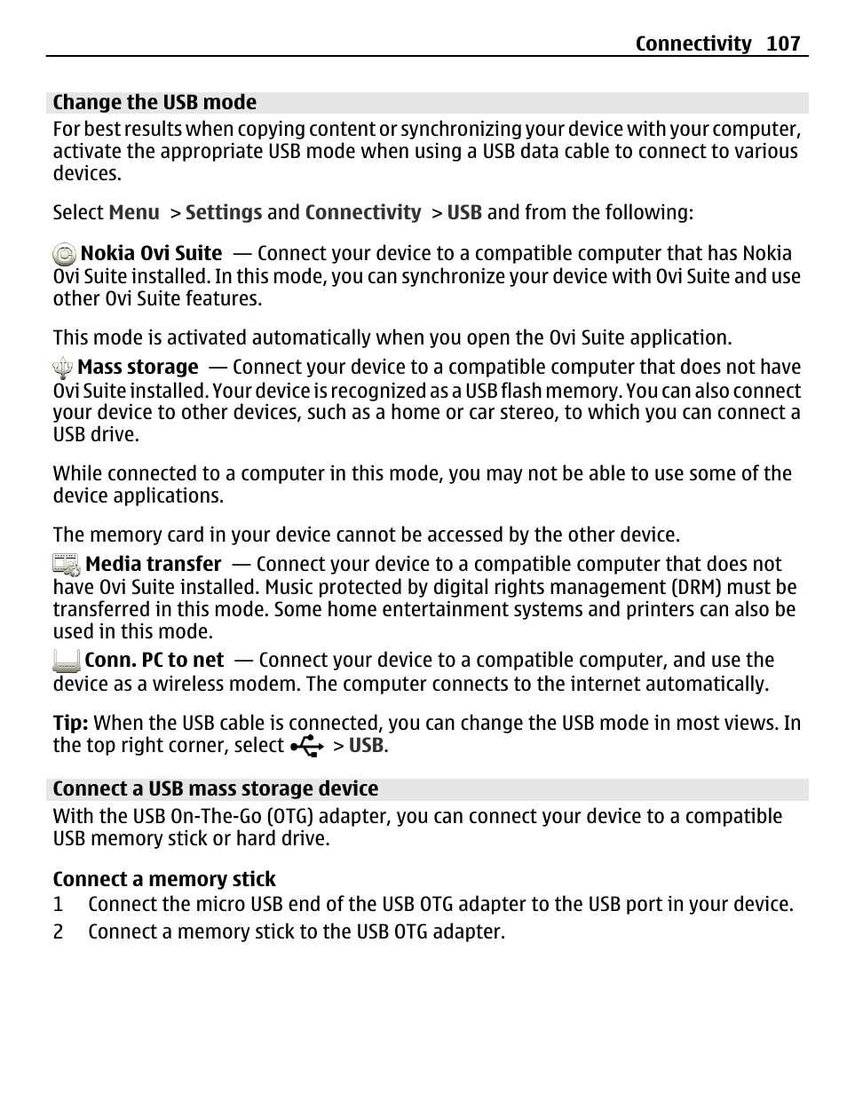 Change the usb mode, Connect a usb mass storage device | Nokia C6-01 User Manual | Page 107 / 132