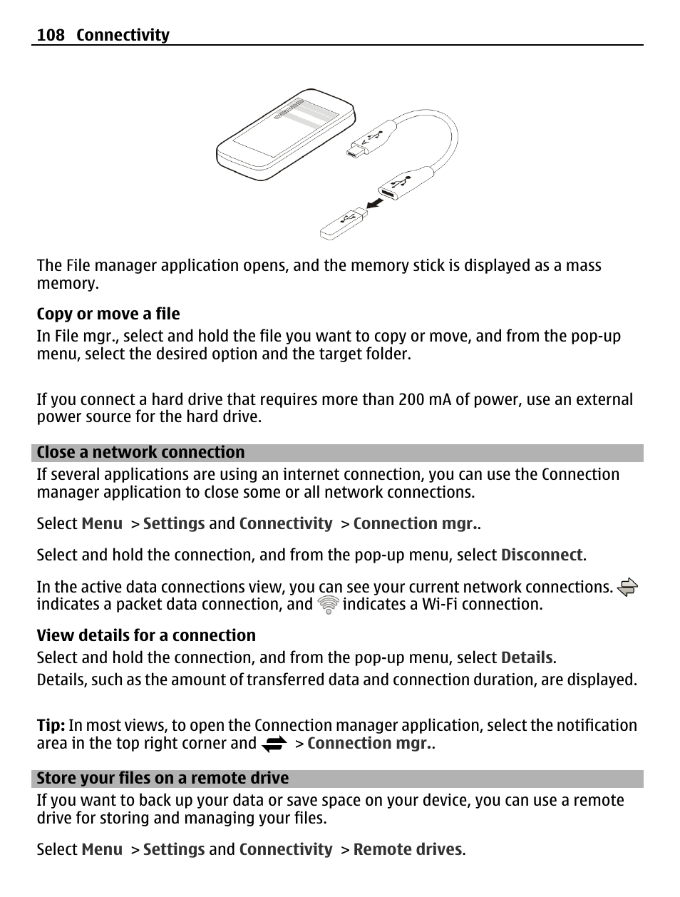 Close a network connection, Store your files on a remote drive | Nokia C6-01 User Manual | Page 108 / 132