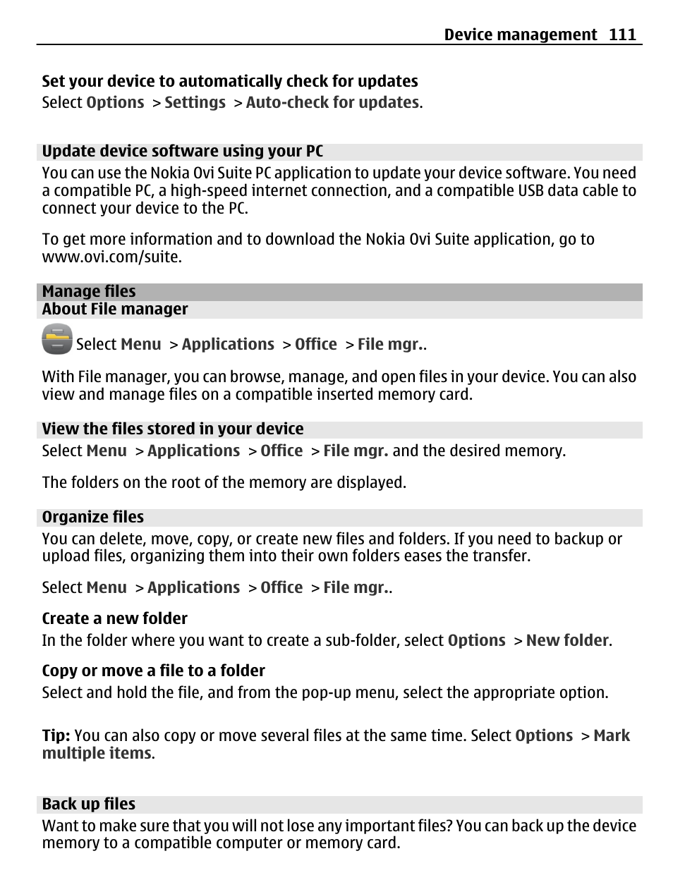 Update device software using your pc, Manage files, About file manager | View the files stored in your device, Organize files, Back up files | Nokia C6-01 User Manual | Page 111 / 132