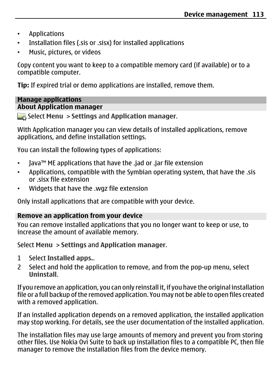 Manage applications, About application manager, Remove an application from your device | Nokia C6-01 User Manual | Page 113 / 132