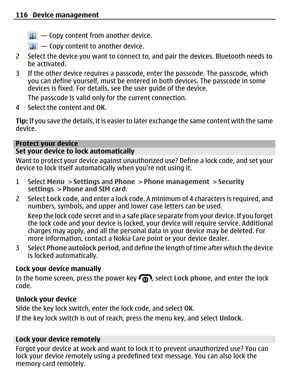 Protect your device, Set your device to lock automatically, Lock your device remotely | Nokia C6-01 User Manual | Page 116 / 132