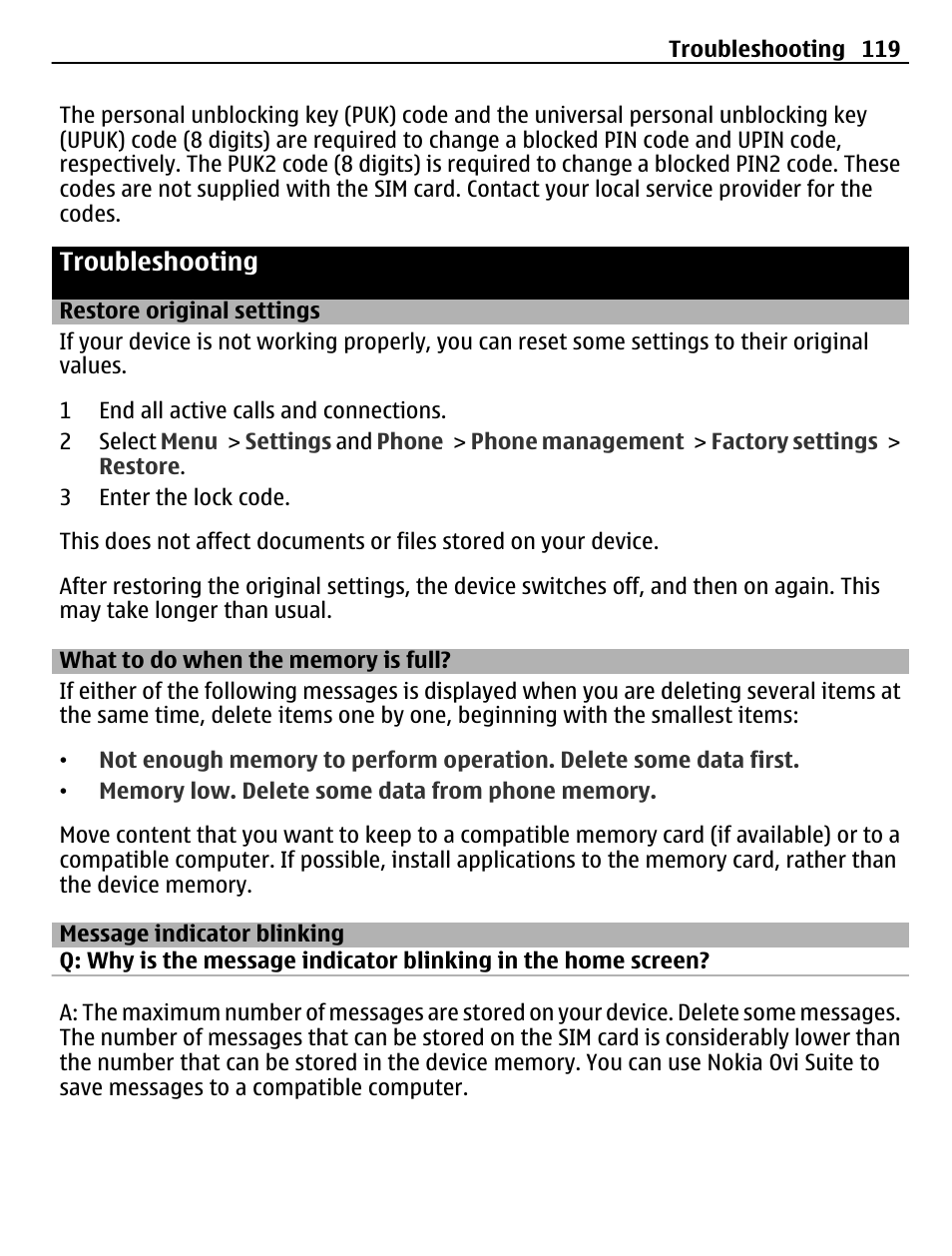 Troubleshooting, Restore original settings, What to do when the memory is full | Message indicator blinking, What to do when the memory is full? 119 | Nokia C6-01 User Manual | Page 119 / 132