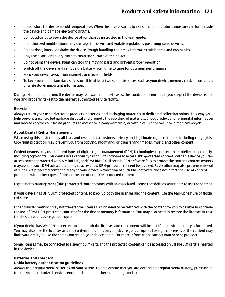 Recycle, About digital rights management, Batteries and chargers | Nokia battery authentication guidelines, Product and safety information 121 | Nokia C6-01 User Manual | Page 121 / 132