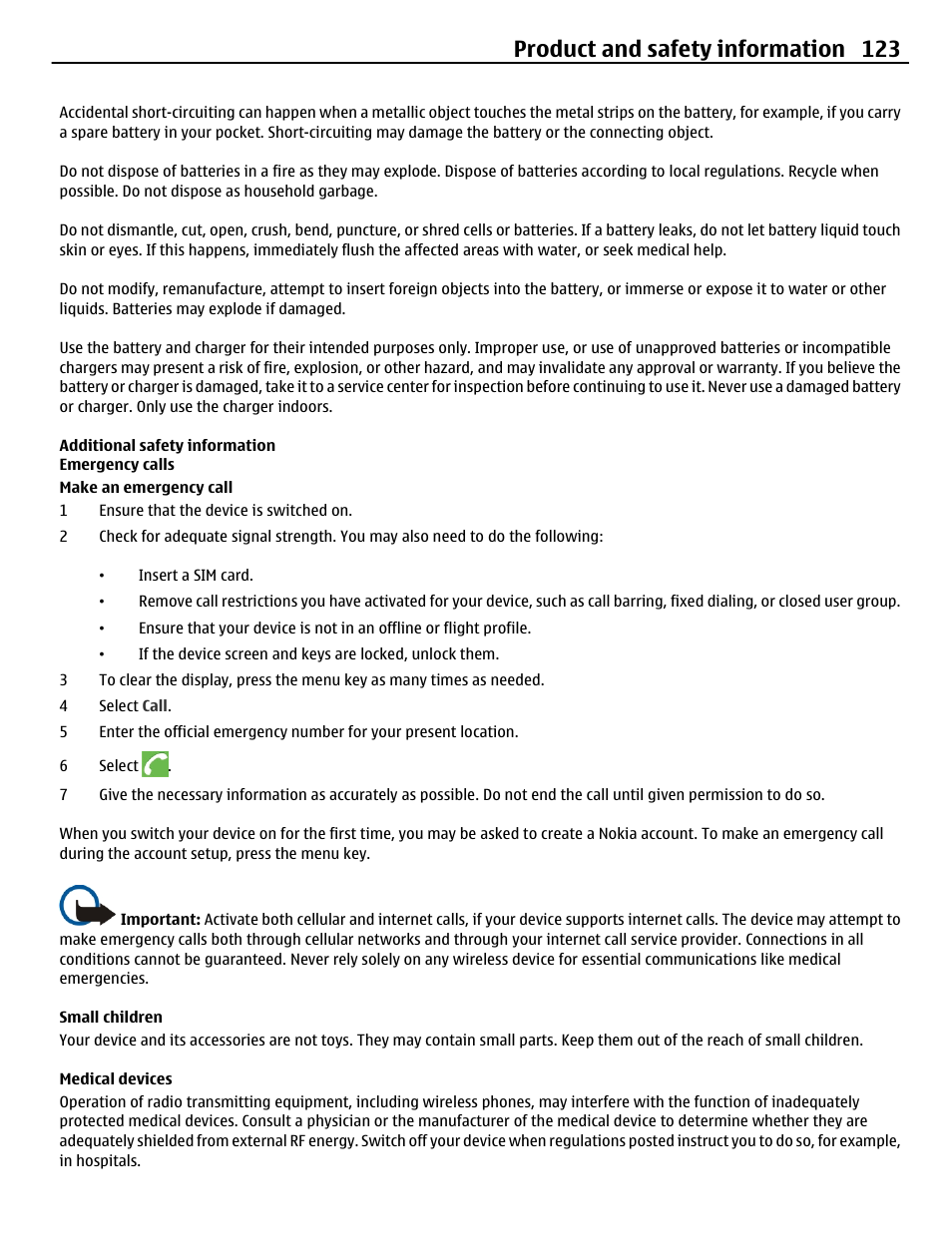 Additional safety information, Emergency calls, Small children | Medical devices, Product and safety information 123 | Nokia C6-01 User Manual | Page 123 / 132