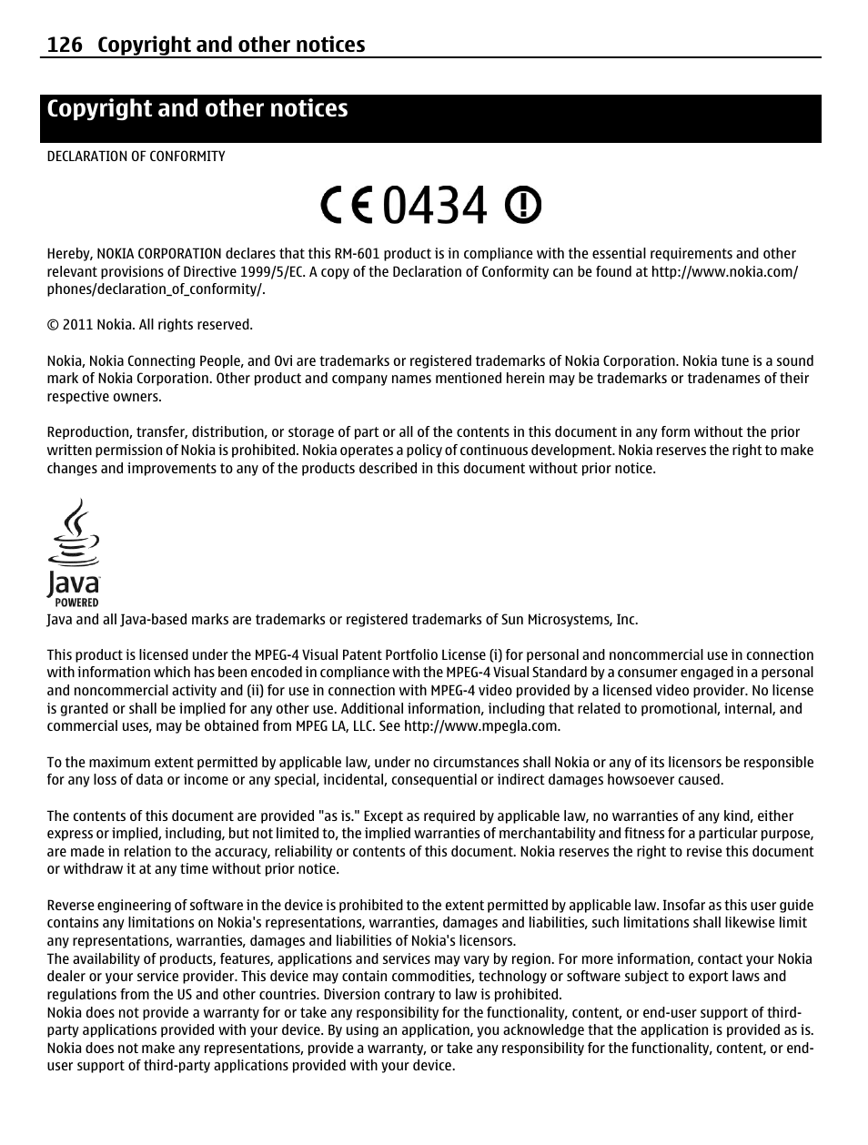 Copyright and other notices, 126 copyright and other notices | Nokia C6-01 User Manual | Page 126 / 132