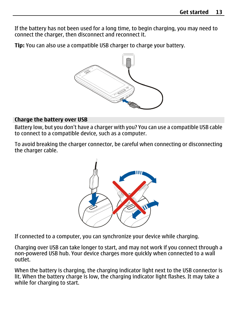 Charge the battery over usb | Nokia C6-01 User Manual | Page 13 / 132
