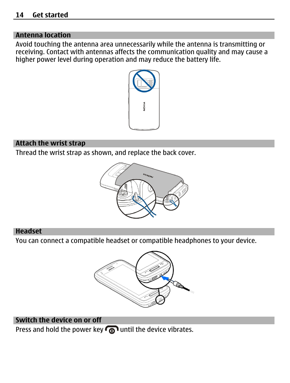 Antenna location, Attach the wrist strap, Headset | Switch the device on or off | Nokia C6-01 User Manual | Page 14 / 132