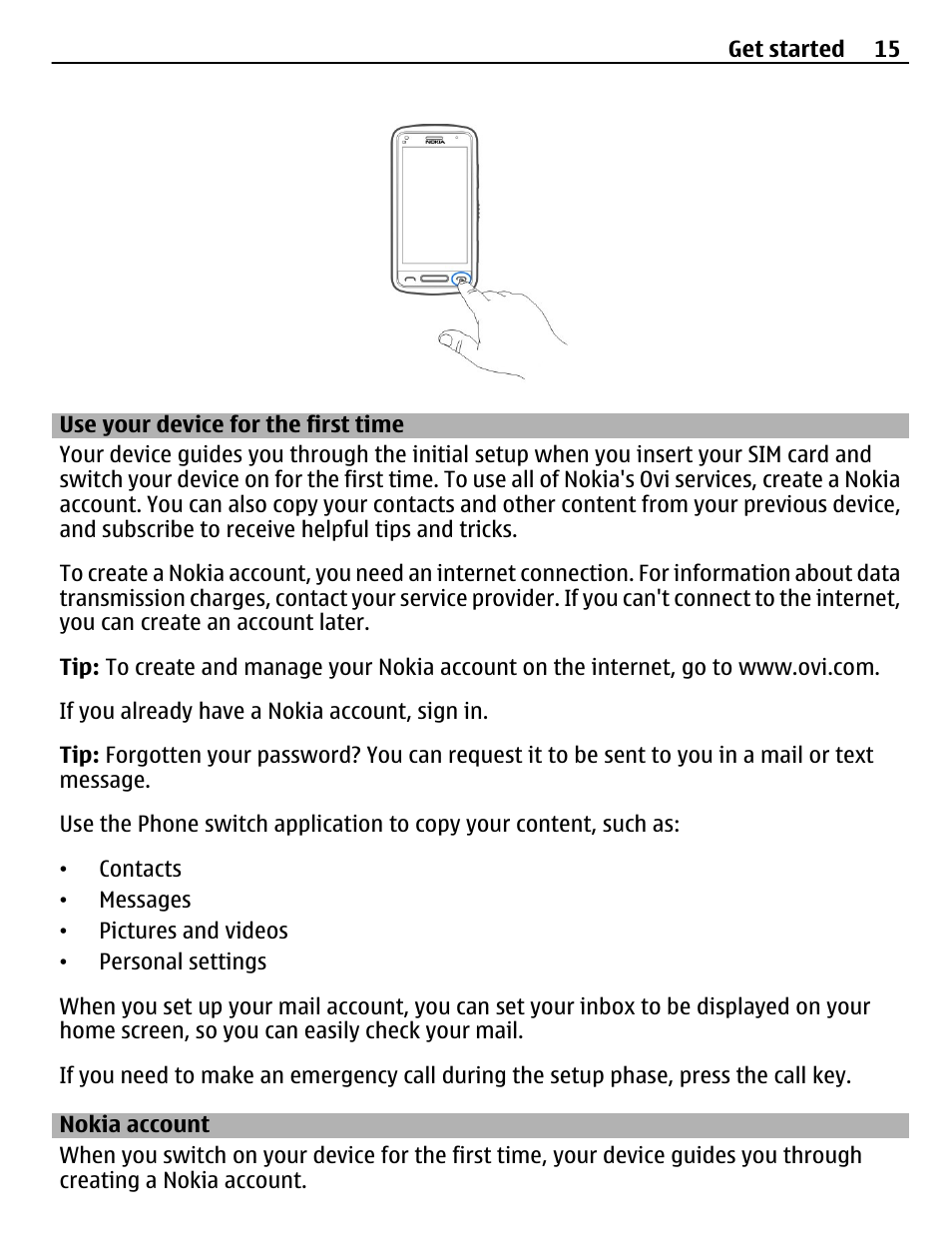 Use your device for the first time, Nokia account | Nokia C6-01 User Manual | Page 15 / 132