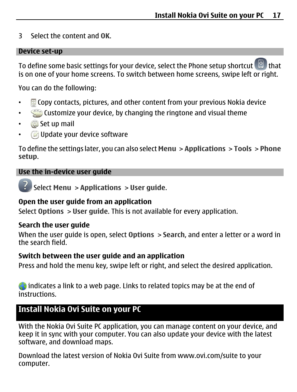 Device set-up, Use the in-device user guide, Install nokia ovi suite on your pc | Install nokia ovi suite on your pc 17 | Nokia C6-01 User Manual | Page 17 / 132