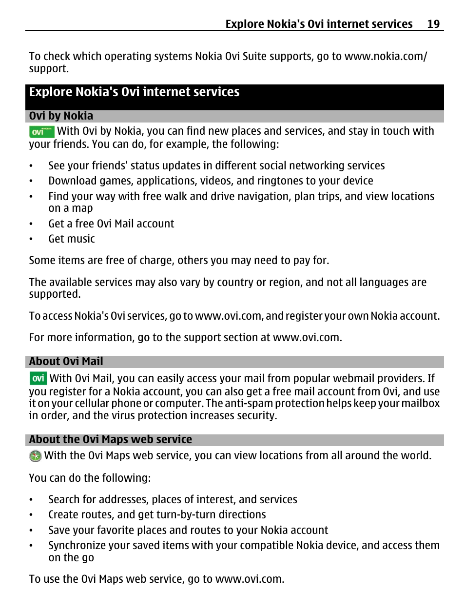 Explore nokia's ovi internet services, Ovi by nokia, About ovi mail | About the ovi maps web service, Explore nokia's ovi internet, Services | Nokia C6-01 User Manual | Page 19 / 132