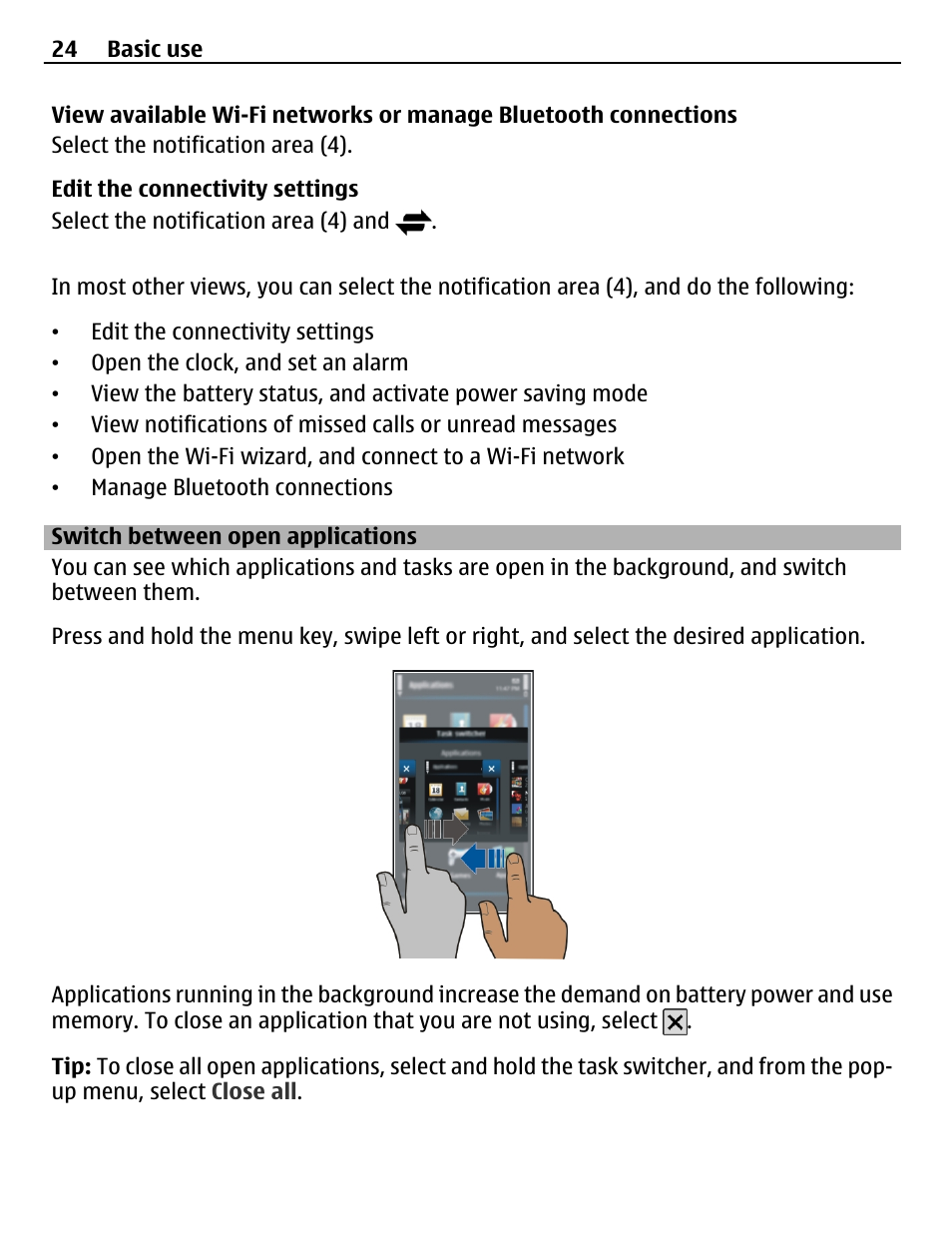 Switch between open applications | Nokia C6-01 User Manual | Page 24 / 132