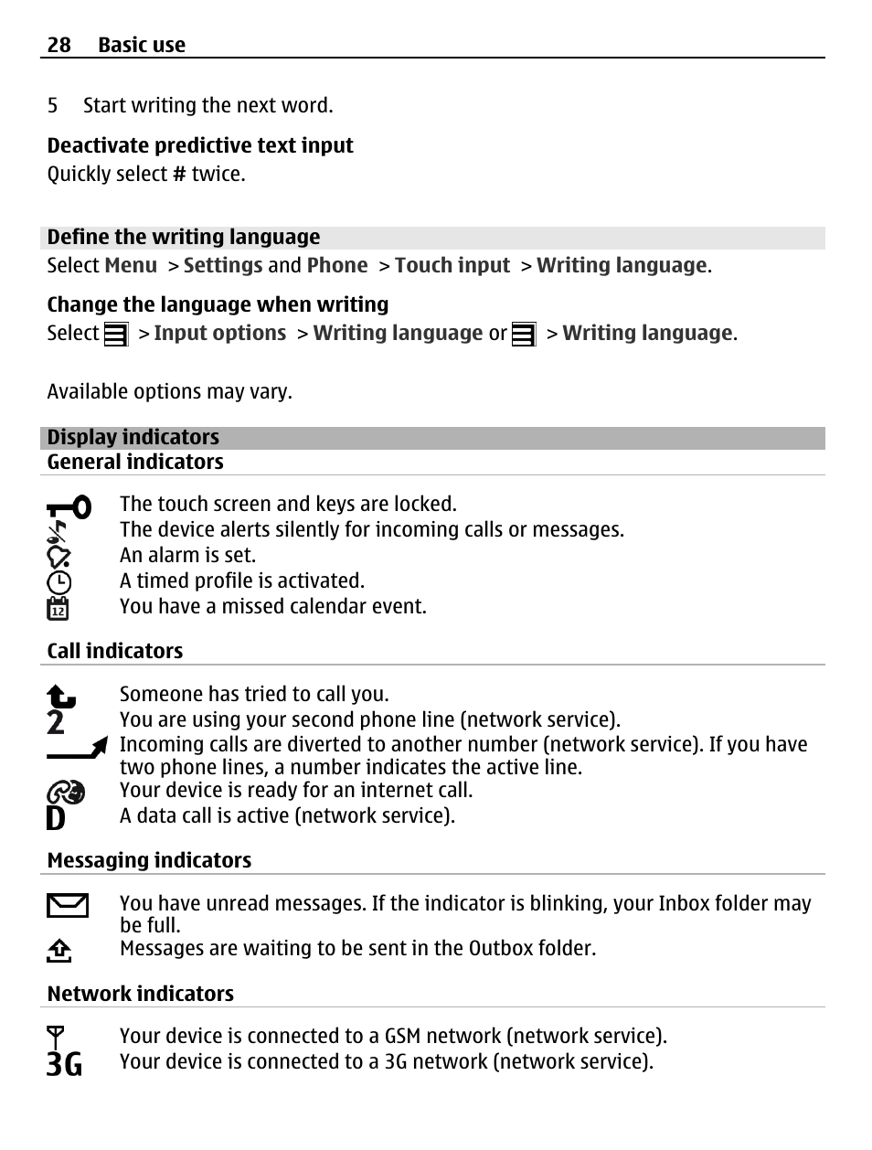 Define the writing language, Display indicators | Nokia C6-01 User Manual | Page 28 / 132