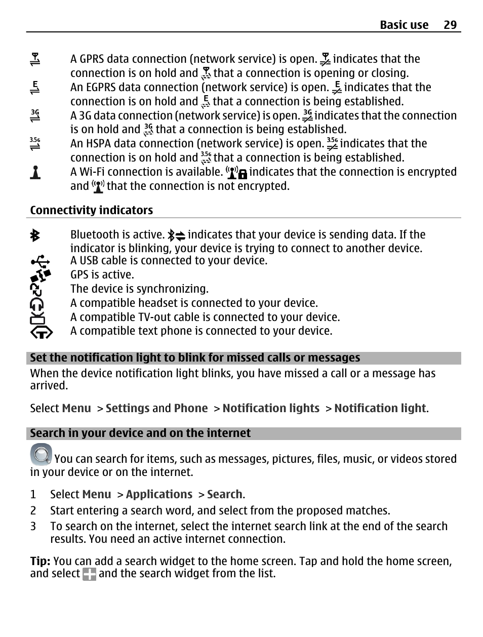 Search in your device and on the internet, Set the notification light to blink for, Missed calls or messages | Search in your device and on the, Internet | Nokia C6-01 User Manual | Page 29 / 132