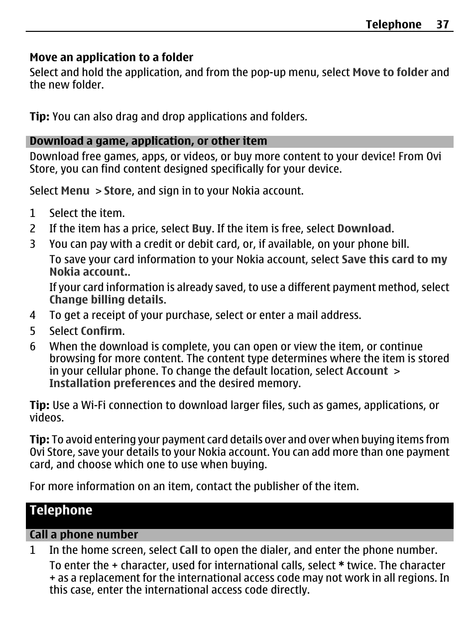 Download a game, application, or other item, Telephone, Call a phone number | Download a game, application, or, Other item | Nokia C6-01 User Manual | Page 37 / 132