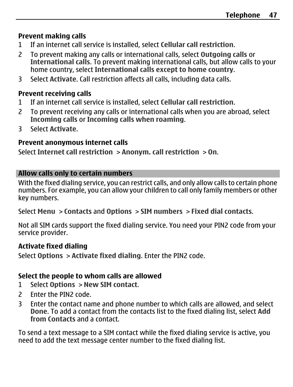 Allow calls only to certain numbers | Nokia C6-01 User Manual | Page 47 / 132