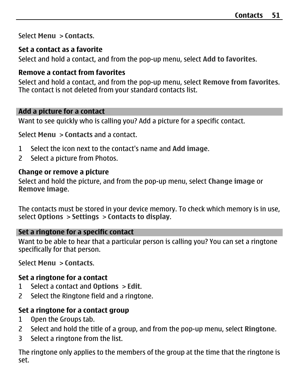 Add a picture for a contact, Set a ringtone for a specific contact | Nokia C6-01 User Manual | Page 51 / 132