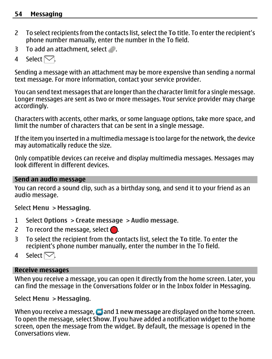 Send an audio message, Receive messages | Nokia C6-01 User Manual | Page 54 / 132