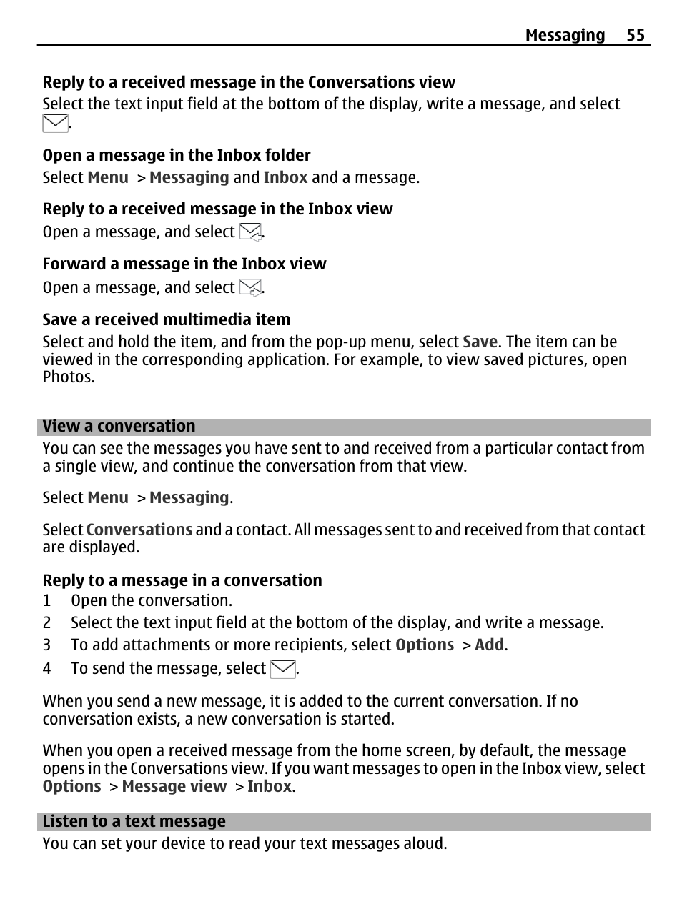 View a conversation, Listen to a text message | Nokia C6-01 User Manual | Page 55 / 132