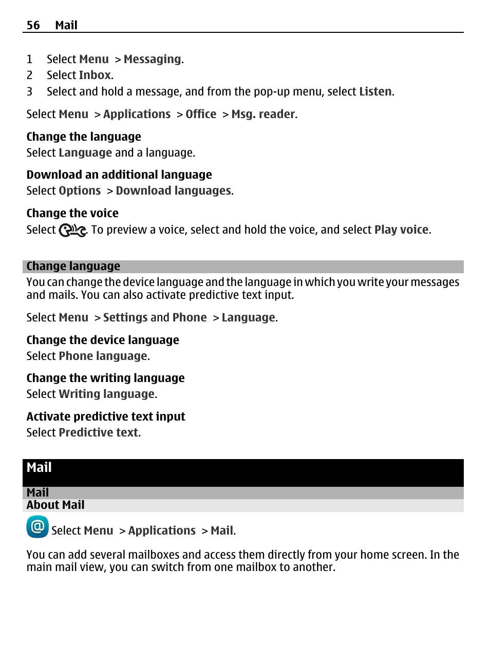 Change language, Mail, About mail | Nokia C6-01 User Manual | Page 56 / 132