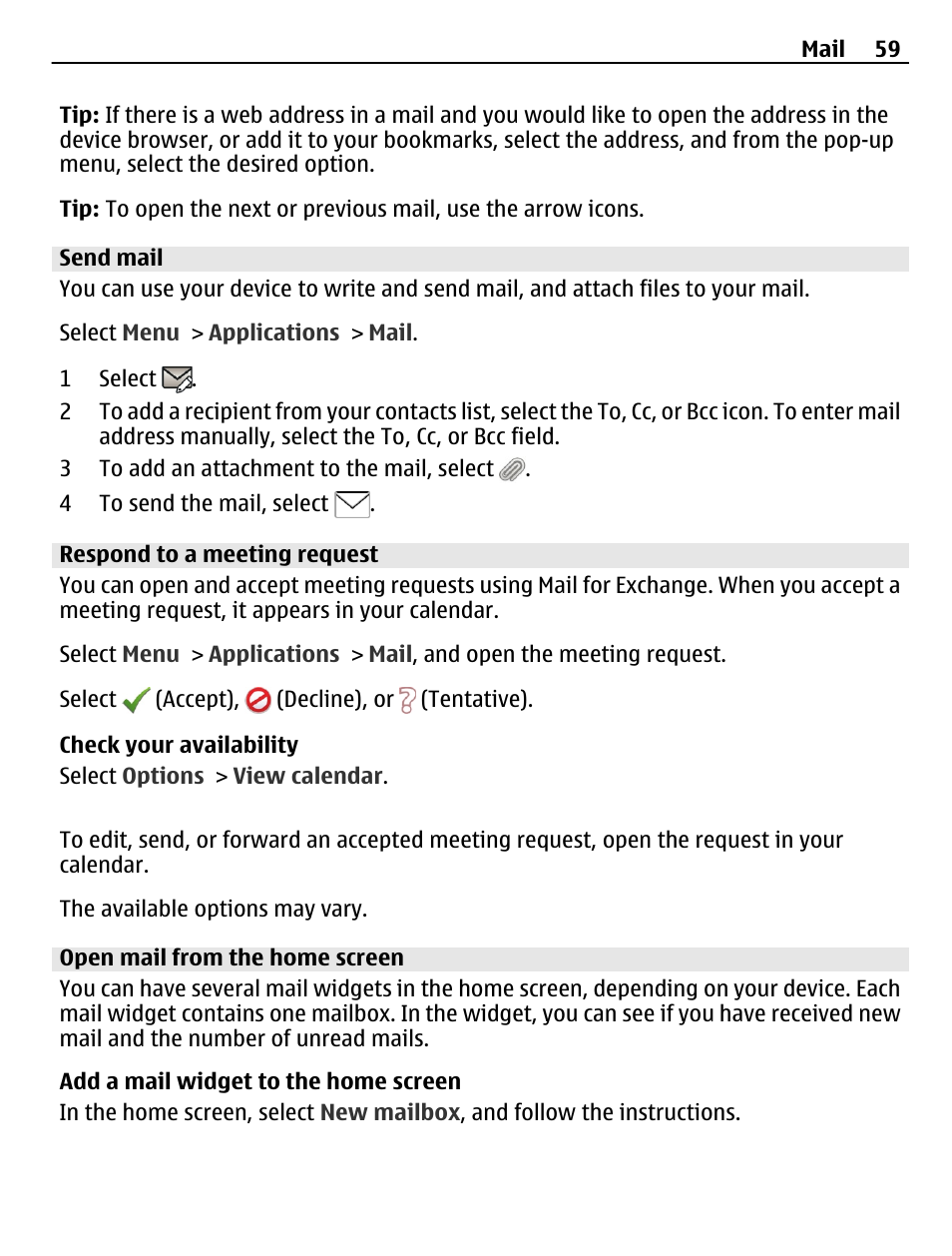 Send mail, Respond to a meeting request, Open mail from the home screen | Nokia C6-01 User Manual | Page 59 / 132