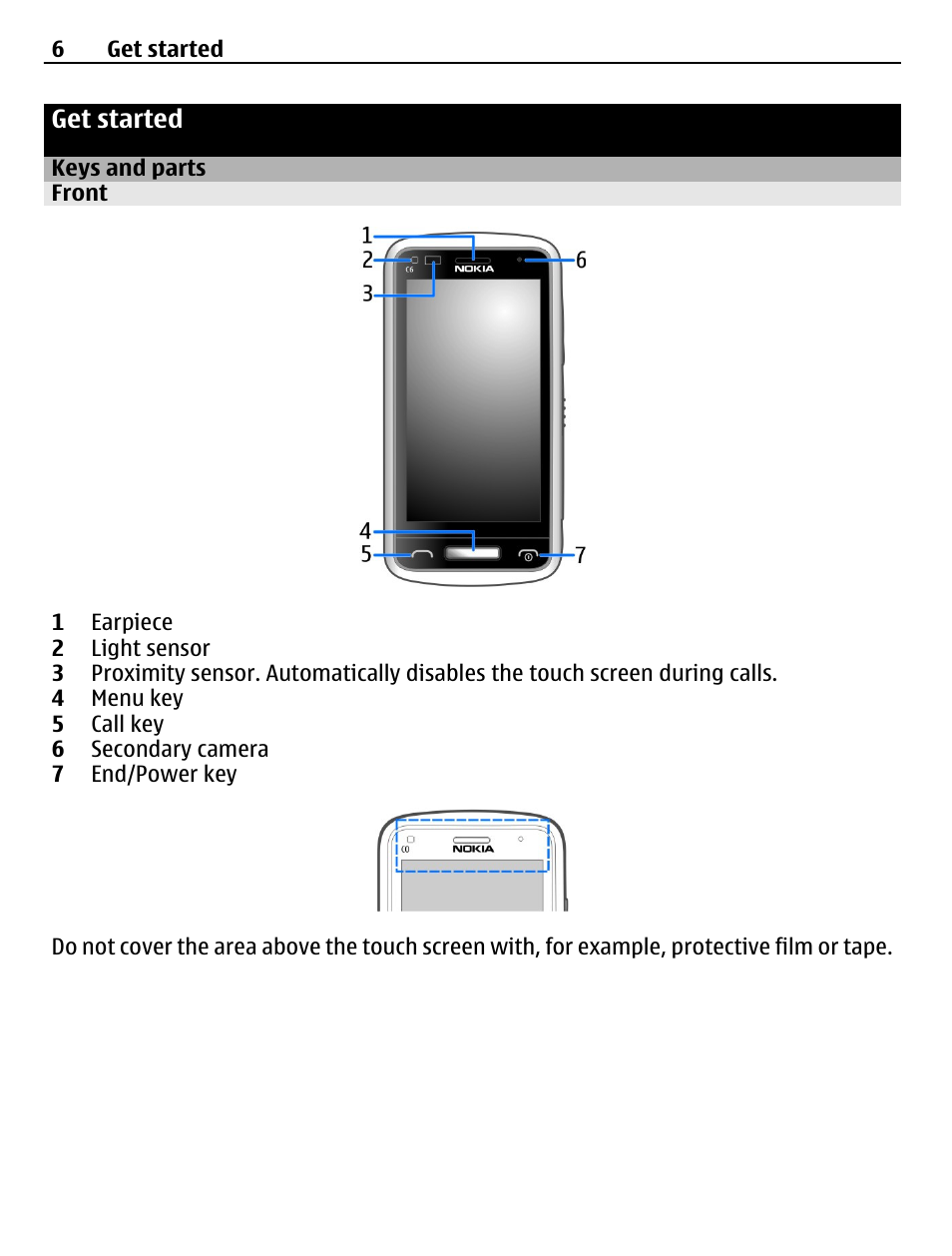 Get started, Keys and parts, Front | Nokia C6-01 User Manual | Page 6 / 132