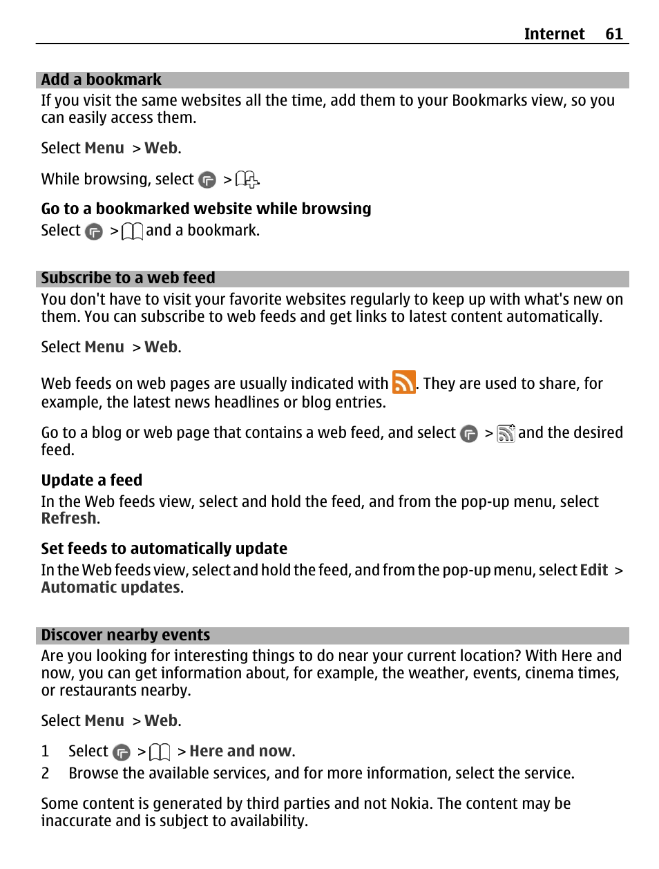 Add a bookmark, Subscribe to a web feed, Discover nearby events | Nokia C6-01 User Manual | Page 61 / 132