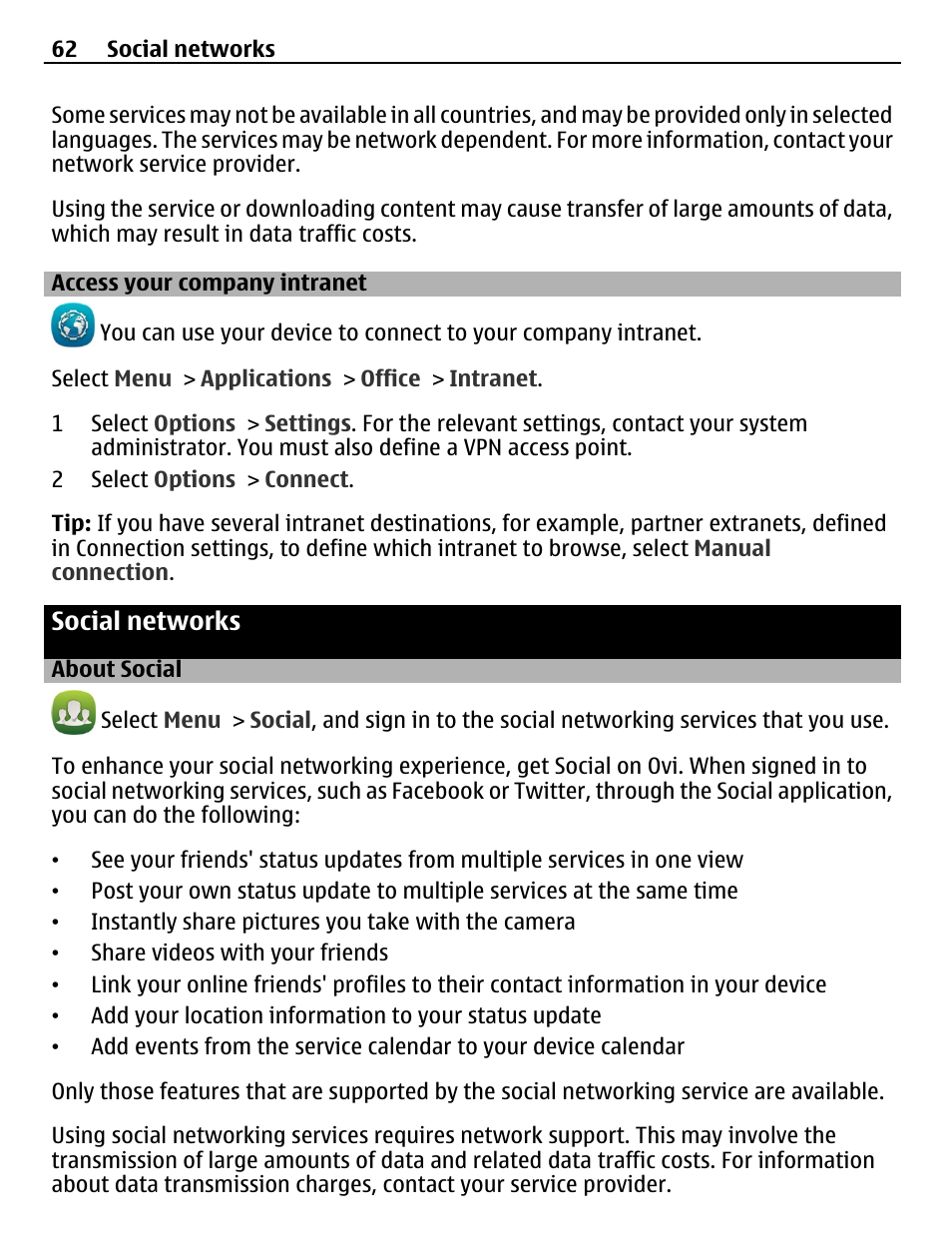 Access your company intranet, Social networks, About social | Nokia C6-01 User Manual | Page 62 / 132