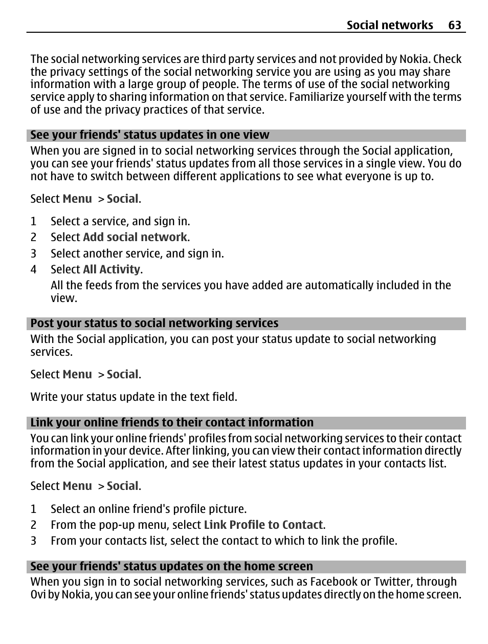 See your friends' status updates in one view, Post your status to social networking services, See your friends' status updates in one | View, Post your status to social networking, Services, Link your online friends to their, Contact information, See your friends' status updates on the, Home screen | Nokia C6-01 User Manual | Page 63 / 132