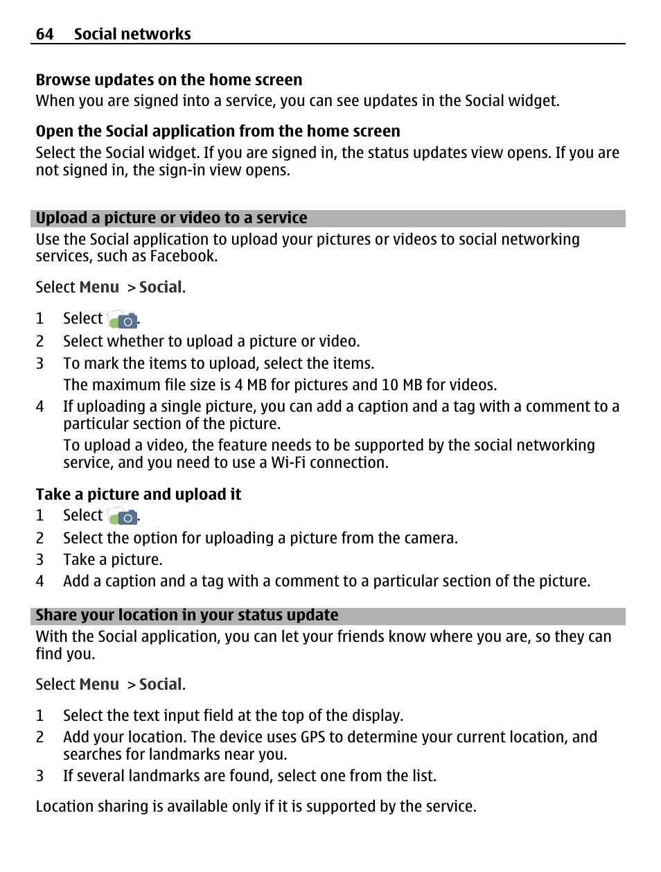 Upload a picture or video to a service, Share your location in your status update, Upload a picture or video to a service 64 | Share your location in your status, Update | Nokia C6-01 User Manual | Page 64 / 132