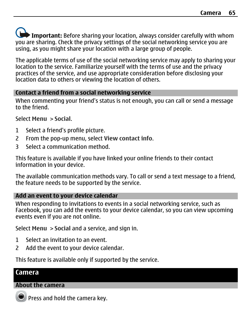 Contact a friend from a social networking service, Add an event to your device calendar, Camera | About the camera, Contact a friend from a social, Networking service, Add an event to your device calendar 65 | Nokia C6-01 User Manual | Page 65 / 132